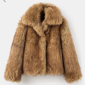 Mango Brown Faux Fur Jacket With Lapels